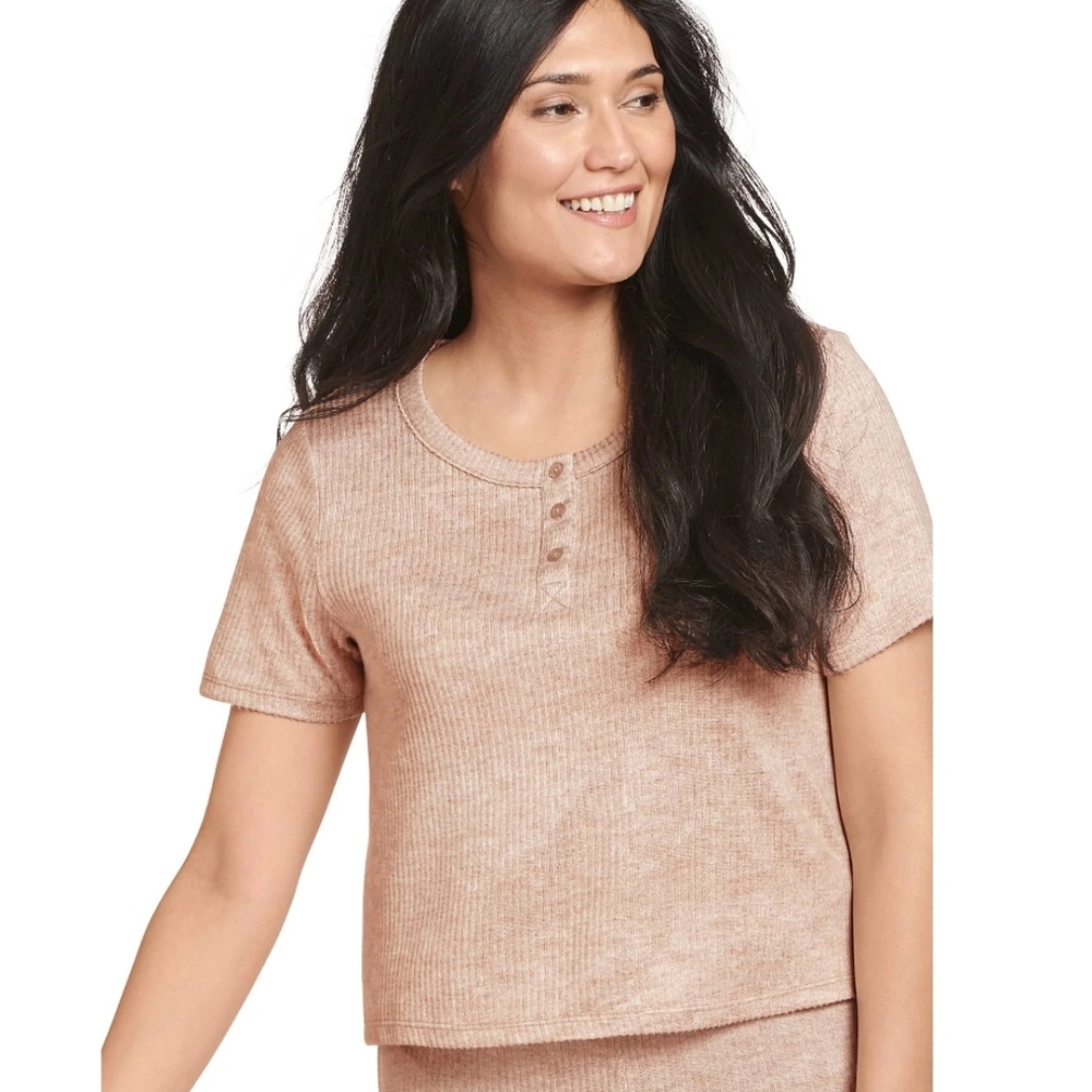 NWT Jockey Women's Luxe Lounge Brushed Ribbed Cropped Henley, Oatmeal Color